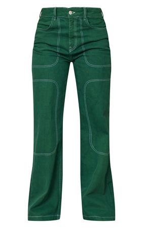 Forest Green Contrast Stich Wide Leg Jean | PrettyLittleThing