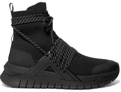 Troop Stretch-knit And Leather High-top Sneakers - Black