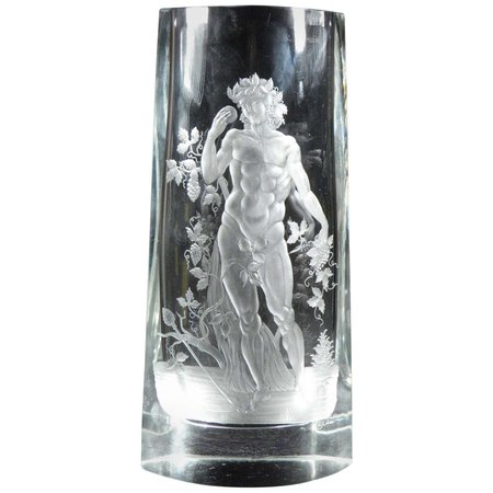 Bohemian Crystal Glass Engraved Vase Bacchus, 20th Century For Sale at 1stDibs