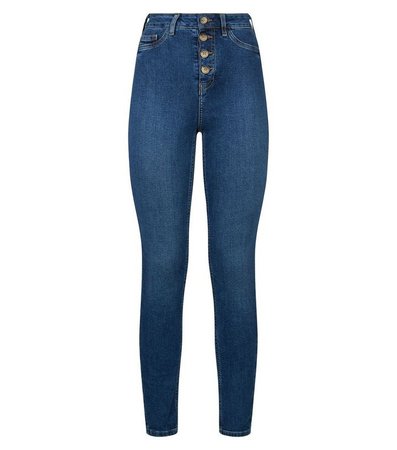 Blue Faux Horn Button High Waist Skinny Hallie Jeans | New Look