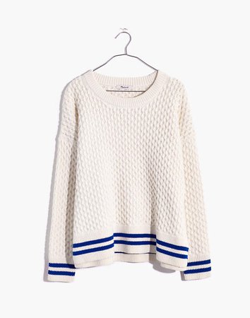 Stripe-Trim Honeycomb Pullover Sweater in Cotton-Merino Yarn