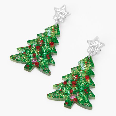 Christmas Silver 1'' Glitter Tree Drop Earrings | Claire's US