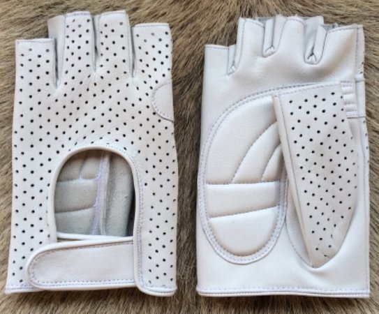 white leather fingerless gloves