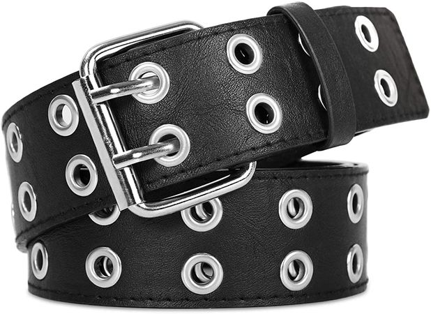 Double Grommet PU Leather Belt for Women/Men Punk metal Jean Belt Wide 1.5 Inch, Black, Fit Pants 22-35 inch