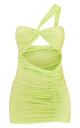 Lime One Shoulder Cut Out Bust Ruched Bodycon Dress | PrettyLittleThing USA