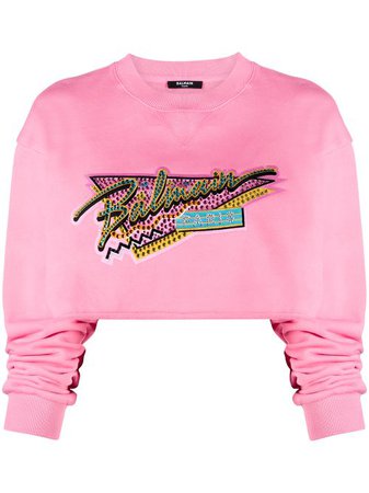 Shop pink Balmain logo-embroidered cropped sweatshirt with Express Delivery - Farfetch