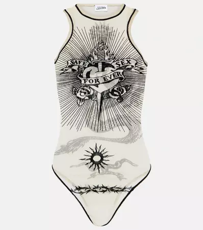 Velvet Trimmed Mesh Bodysuit in White - Jean Paul Gaultier | Mytheresa