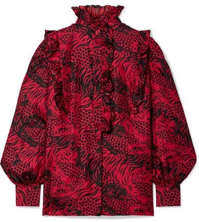 Ruffled Printed Silk-twill Shirt - Red