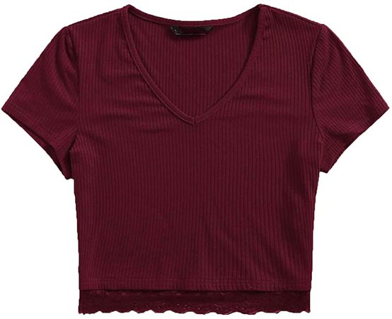 SweatyRocks Women's Sexy V Neck Lace Hem Ribbed Knit Tee Shirt Crop Top at Amazon Women’s Clothing store