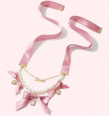 Shein Pink Satin Pearl Bows Necklace