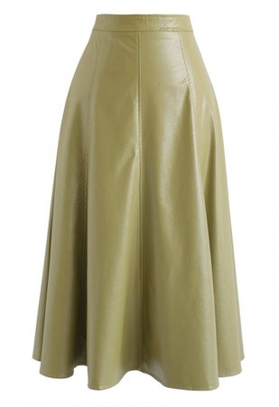 Faux Leather A-Line Midi Skirt in Moss Green - NEW ARRIVALS - Retro, Indie and Unique Fashion