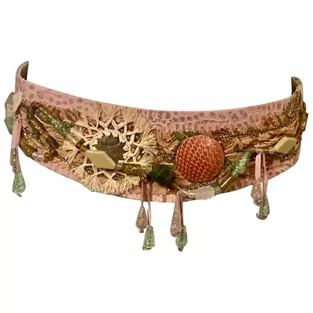 1970's Laise Adzer Pink Leather and Suede Belt Beadwork and Straw Decoration For Sale at 1stDibs