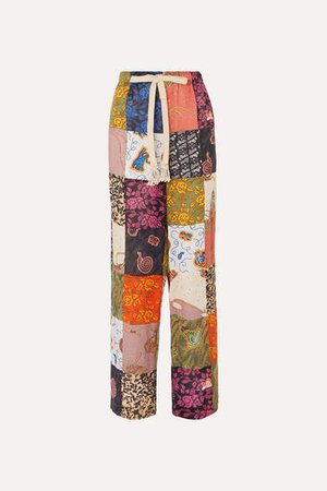 Paula's Ibiza Patchwork Printed Linen-blend Wide-leg Pants - Burgundy