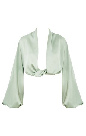Clothing : Tops : 'Tosca' Sage Silk Satin Plunge Blouson Top