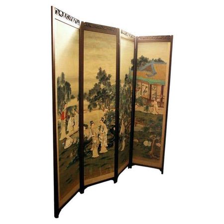 19th Century Chinese Four-Panel Screen in Teak Wood Frame For Sale at 1stDibs