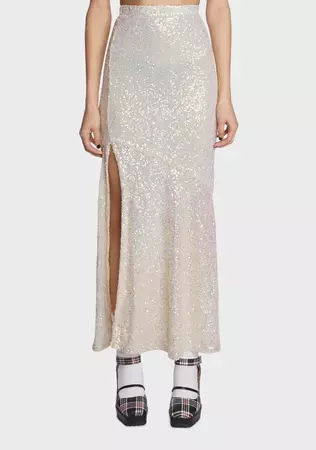 Sequin Maxi Skirt With Side Slit - Off White – Dolls Kill