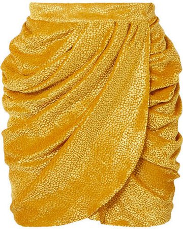 Draped Devoré-chiffon Wrap-effect Mini Skirt - Yellow
