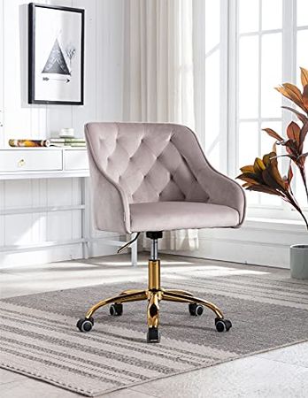 Baysitone Velvet Home Office Desk Chair, Modern Swivel Task Armchair with Adjustable Height, Upholstered Tufted Accent Computer Chair for Home and Office Working or Studying, Beige : Home & Kitchen
