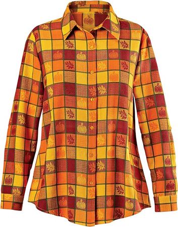 Collections Etc Autumn Harvest Plaid Button-Down Shirt at Amazon Women’s Clothing store