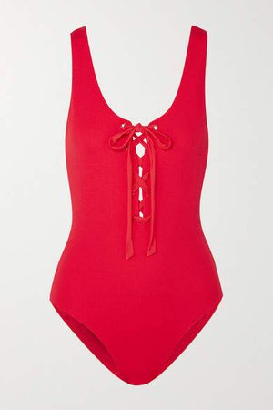 Lace-up Seersucker Swimsuit - Red