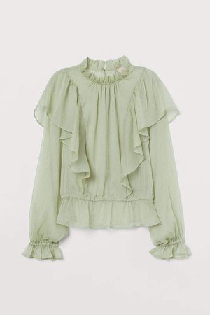 Airy Blouse with Flounces - Green
