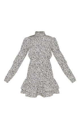 Stone Dalmatian Print High Neck Long Sleeve Frill Hem Shift Dress | PrettyLittleThing USA