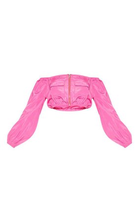 Neon Pink Bardot Crop Pocket Detail Shellsuit Top | PrettyLittleThing USA