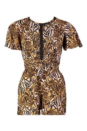Mixed Animal Plunge Front Playsuit | Boohoo brown