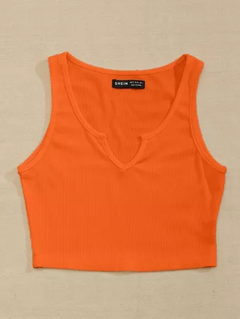 Neon Orange Notch Neck Rib-knit Tank Top | SHEIN USA