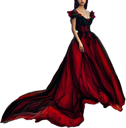 Off The Shoulder Long Gothic Black V Neck Tulle Evening Gown Prom Dress Red 8 at Amazon Women’s Clothing store