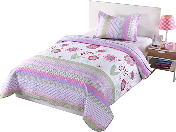Amazon.com: MarCielo 2 Piece Kids Bedspread Quilts Set Throw Blanket for Teens Girls Bed Printed Bedding Coverlet, Twin Size, Purple Floral Striped (Twin): Kitchen & Dining