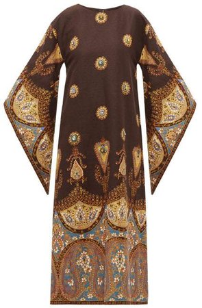 Crystal Embellished Linen Blend Dress - Womens - Brown Multi