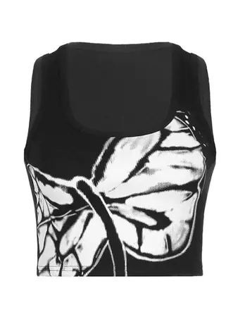 2023 Dragonfly Print Ribbed Cropped Tank Top Black S in Tops&Tees Online Store | AnotherChill.com