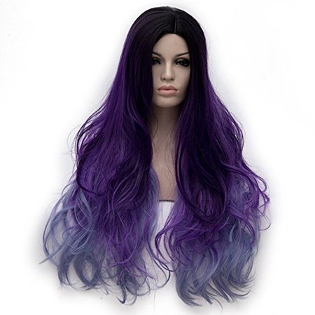 Alacos Synthetic 75CM Long Curly Rainbow Color Ombre Halloween Costumes Cosplay Harajuku Wigs for Women Lady Girl +Free Wig Cap (Purple Ombre)