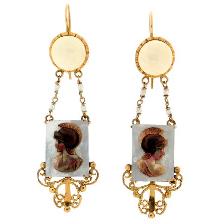 Handcraft Agate Warrior 9 Karat Yellow Gold Mother of Pearl Drop Earrings For Sale at 1stDibs