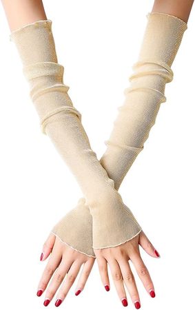 EachWell Women Girls UV Protection Long Lace Solid Fingerless Gloves Sunblock Arm Sleeves Beige at Amazon Women’s Clothing store