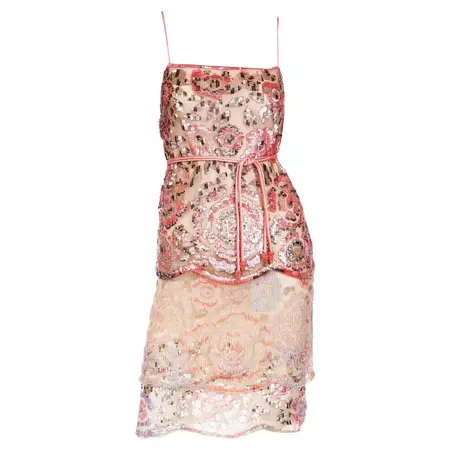 Valentino Sequin Beaded Peach and Gold Evening Dress with Silk Rope Beaded Belt For Sale at 1stDibs
