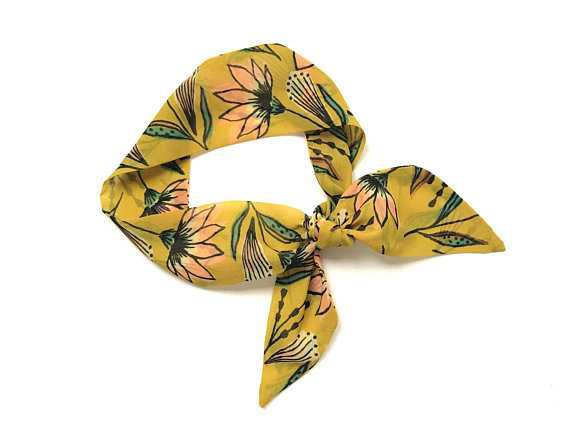 Yellow Floral Short Skinny Scarf Hair Head Wrap Ponytail Tote