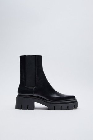 LOW HEEL TREADED LEATHER SQUARE TOE ANKLE BOOTS | ZARA United States