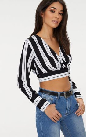 Black Long Sleeve Stripe Crop Blouse | Tops | PrettyLittleThing