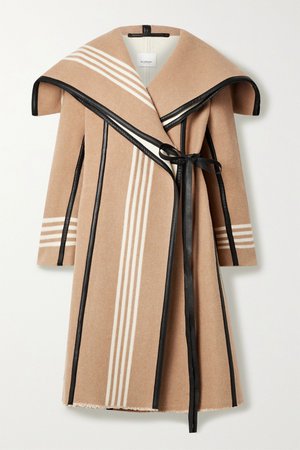Camel Layered cape-effect leather-trimmed striped wool coat | Burberry | NET-A-PORTER