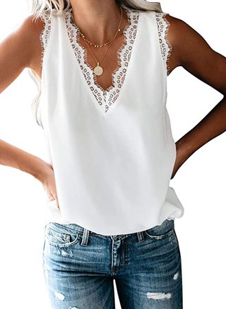 BLENCOT Women Lace Trim Tank Tops V Neck Fashion Casual Sleeveless Blouse Vest Shirts Large A White at Amazon Women’s Clothing store