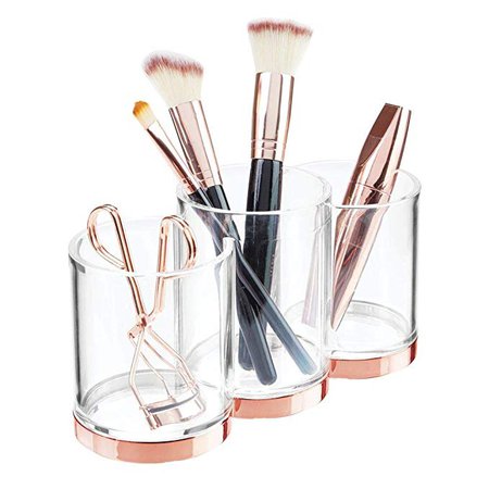 Amazon.com: mDesign Plastic Makeup Organizer Storage Cup with 3 Sections for Bathroom Vanity Countertops or Cabinet: Stores Makeup Brushes, Eye and Lip Pencils, Lipstick, Lip Gloss, Concealers - Clear/Rose Gold: Home & Kitchen