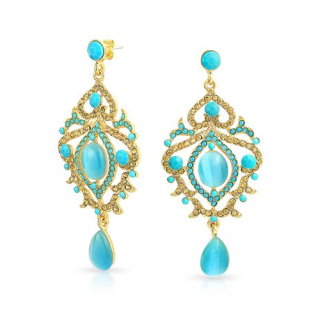 Large Aqua Blue Cats Eye Crystal Boho Prom Pageant Statement Chandelier Earrings For Women Gold Plated Alloy