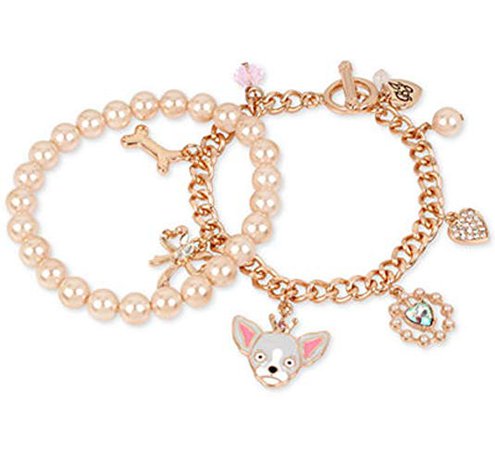 Betsey Johnson Rose Gold-Tone 2-Pc Set Imitation Pearl and Dog Charm Bracelets: Jewelry