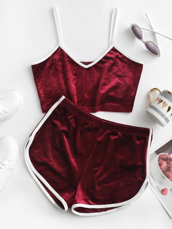 [24% OFF] 2020 ZAFUL Contrast Trim Velvet Two Piece Shorts Set In RED WINE | ZAFUL