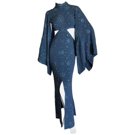 Cardinali 1970's Seductive Glittering Cut Out Evening Dress with Kimono Sleeves For Sale at 1stdibs