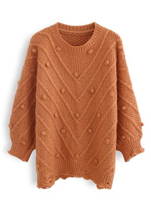 Raw Hem Pom-Pom Oversize Knit Sweater in Orange - Retro, Indie and Unique Fashion