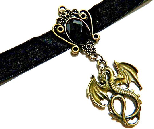 Bronze Dragon Pendant on Black Velvet Choker Necklace Gothic Steampunk Fantasy wyvern Collar: Amazon.co.uk: Jewellery
