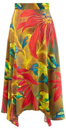 Tropical Print Silk Blend Cloque Midi Skirt - Womens - Green Multi